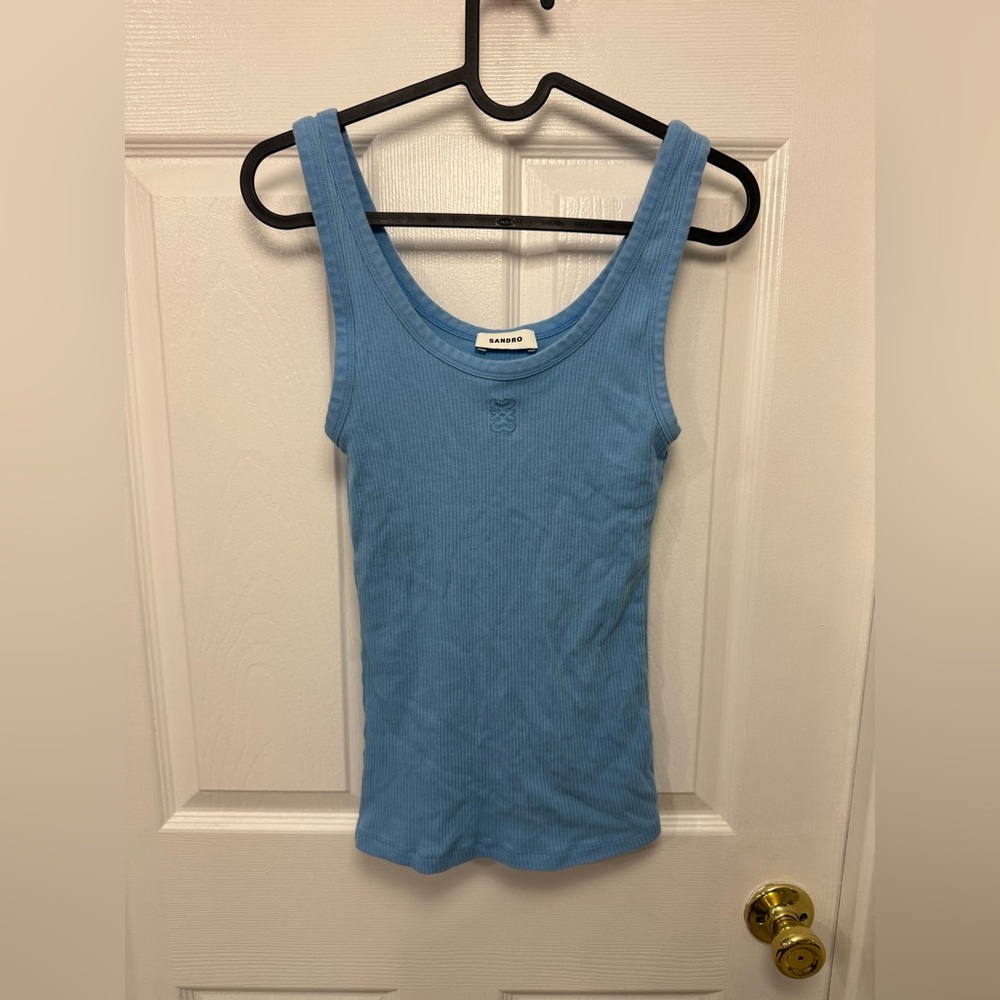 Sandro Blue Ribbed Tank Top With Logo Size Large Designer - Picture 2 of 7